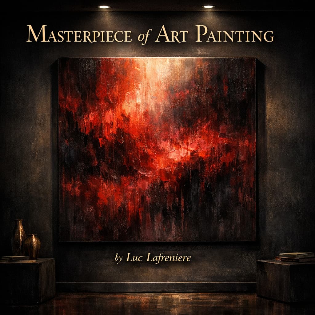 Dramatic gallery-style social media image for Masterpiece of Art Painting by Luc Lafreniere, featuring a rich acrylic painting in a moody, dark fine art setting.