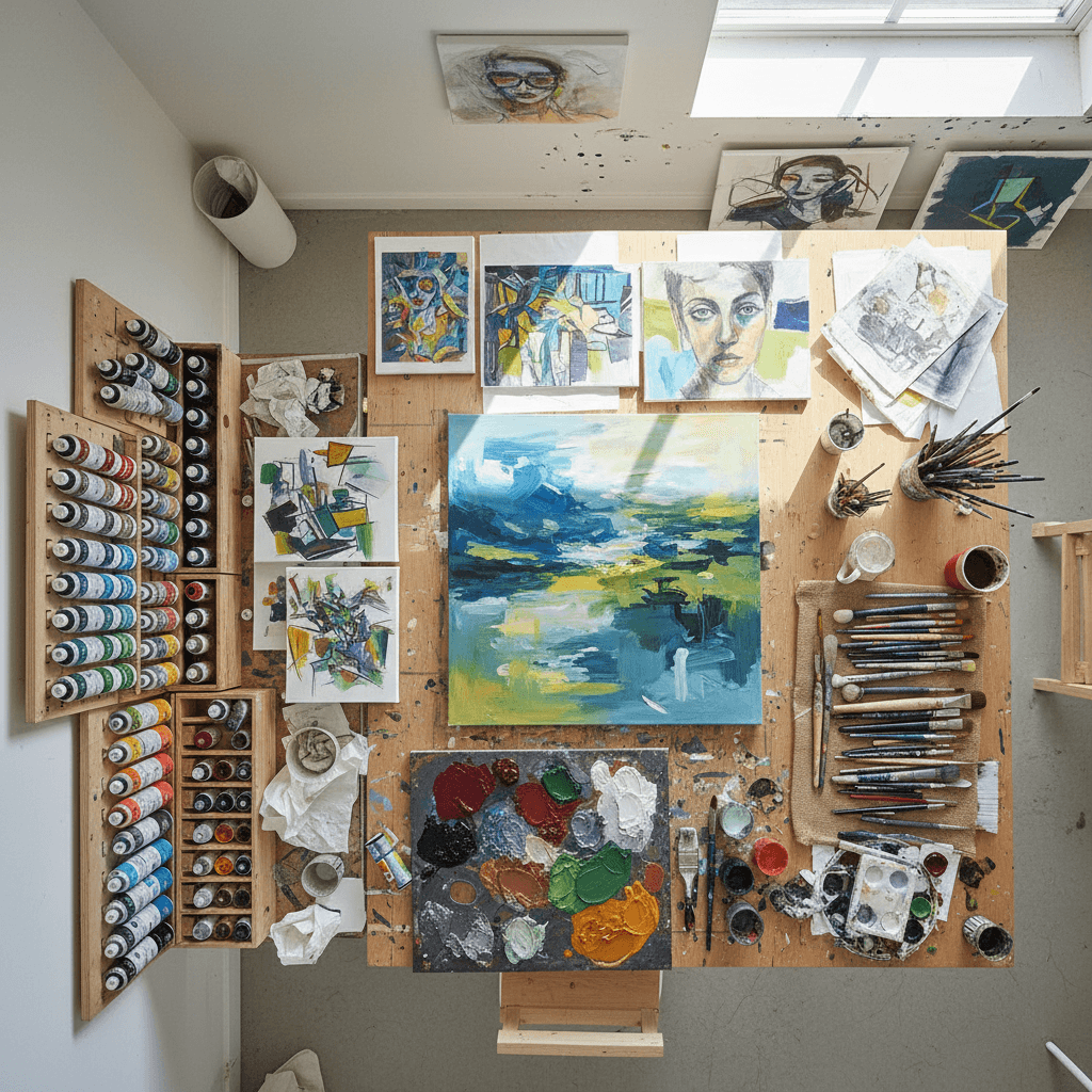 Bird's-eye view of artist's studio workspace with multiple paintings and organized materials