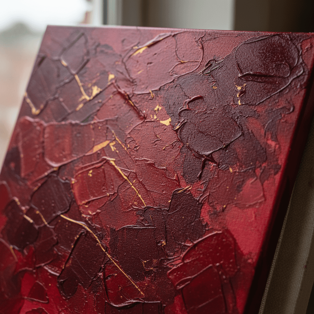 Close-up of crimson acrylic painting with layered brushwork