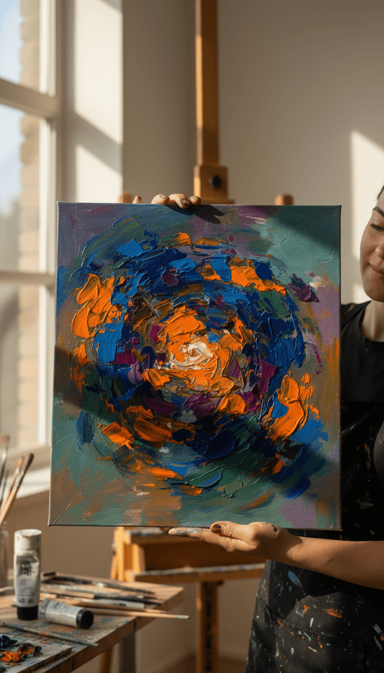 Artist presenting finished acrylic painting in studio