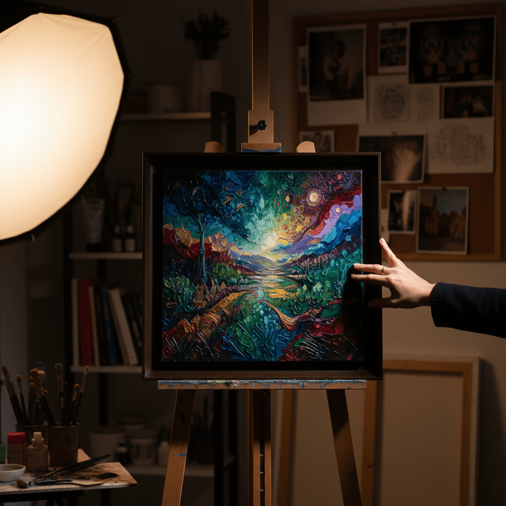Finished acrylic painting displayed on studio easel with dramatic lighting