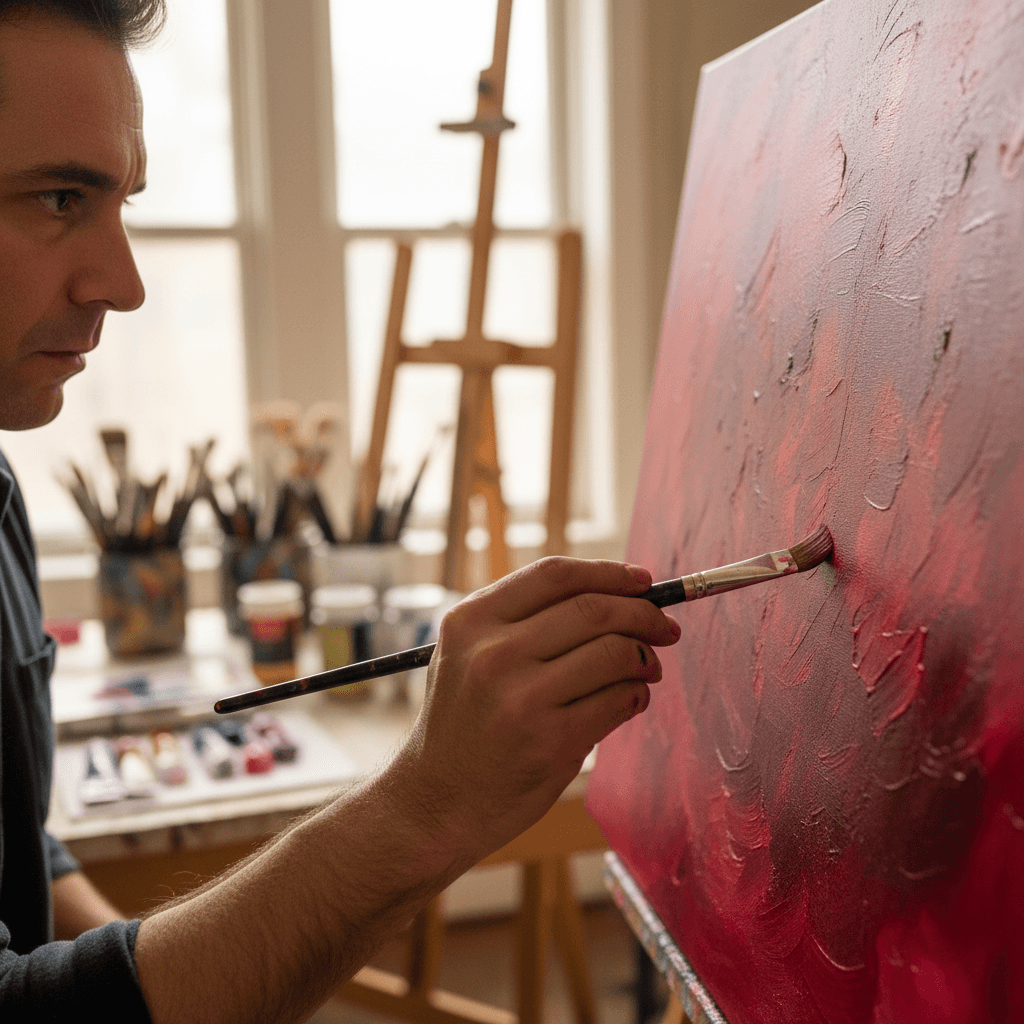 Artist applying acrylic paint to large canvas with precision brushwork