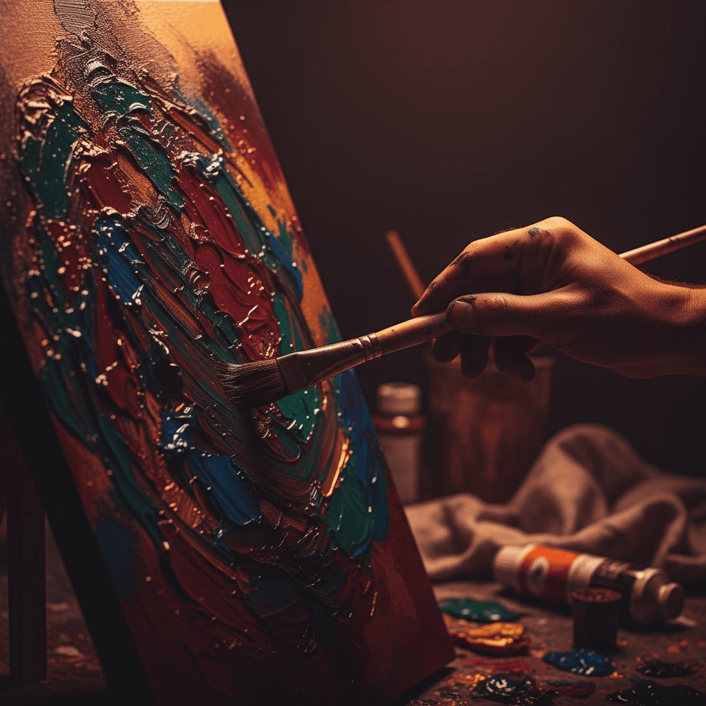 Artist's hand applying acrylic paint to canvas with intentional brushwork