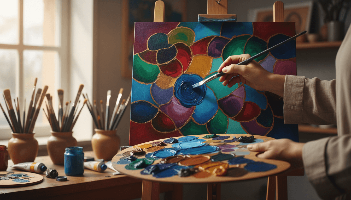 Artist painting with acrylic brush in natural studio light