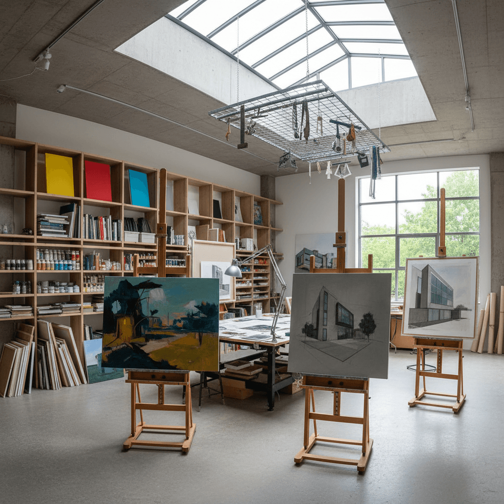 Wide studio environment showing organized creative workspace with multiple works in progress