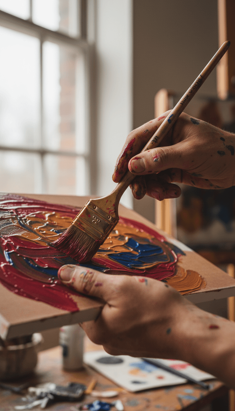 Artist's hands applying acrylic paint to canvas in studio