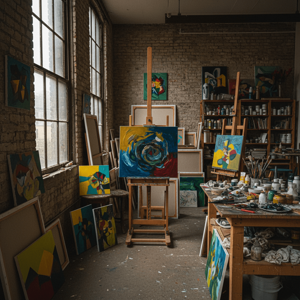 Studio workspace with multiple original acrylic paintings