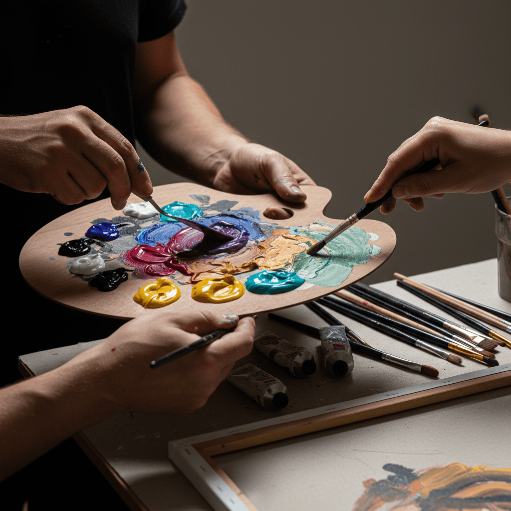 Close-up of color mixing and blending techniques during painting process