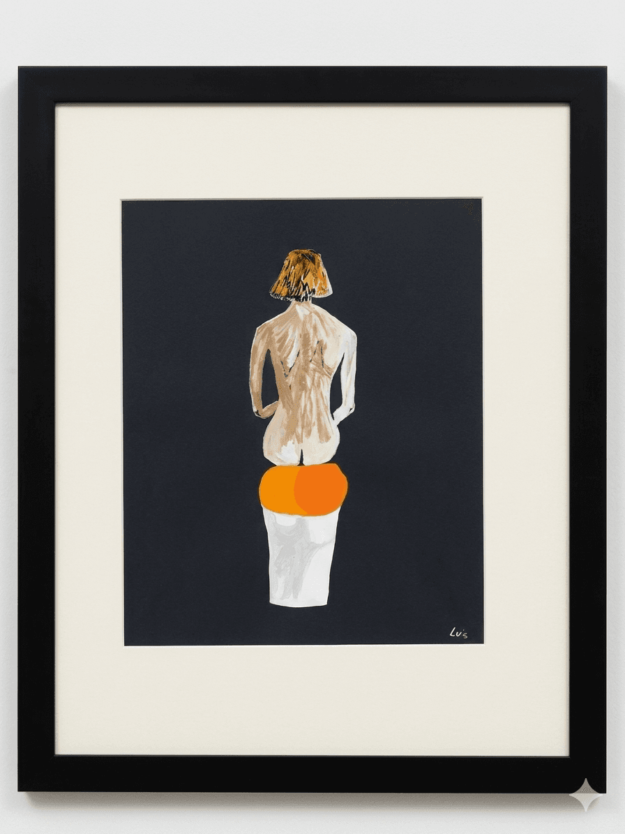Nude figure from behind sitting on an orange sphere against a dark background, minimalist framed painting.