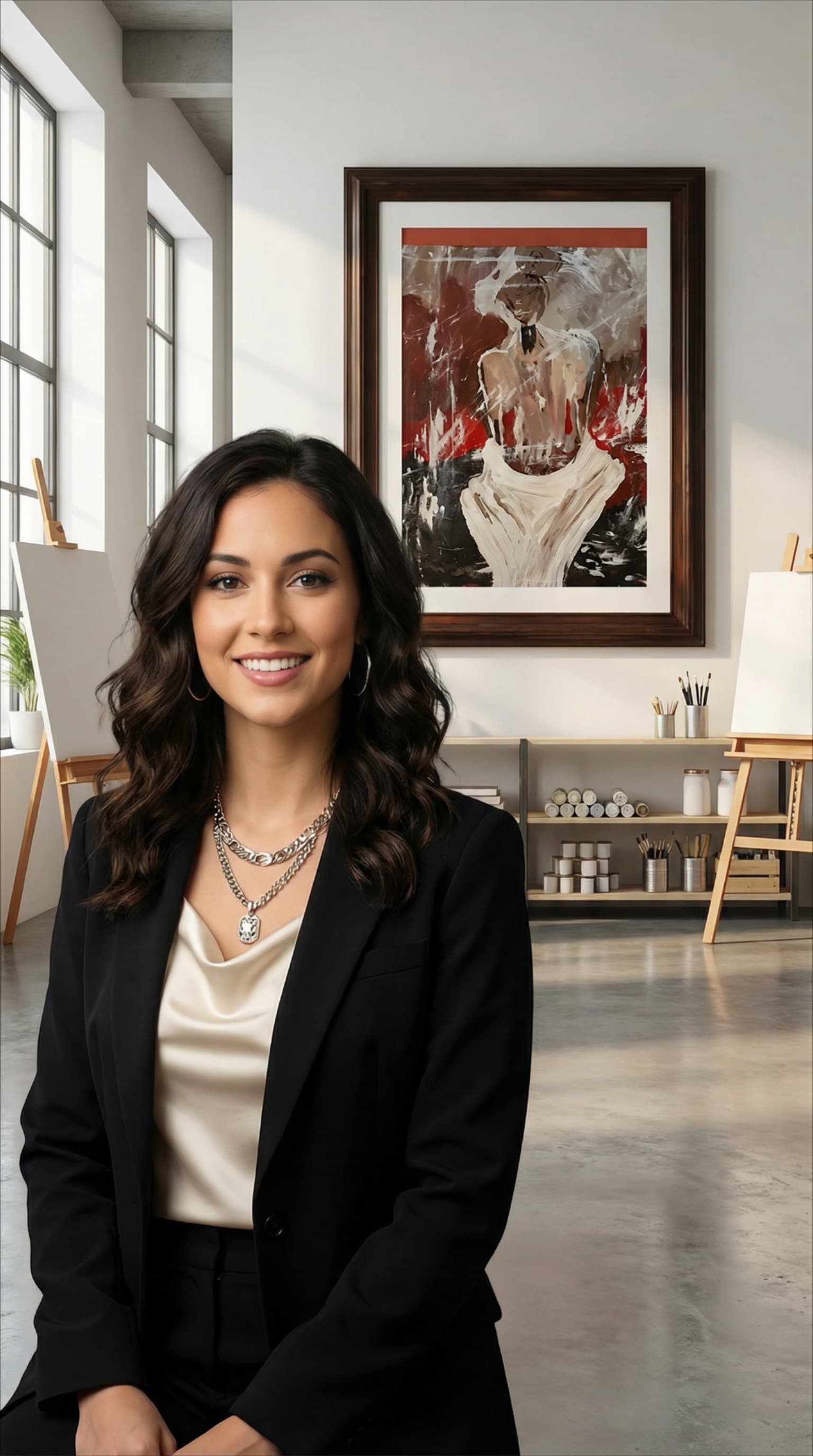Smiling woman in a black blazer posing in an art studio with paintings and easels.