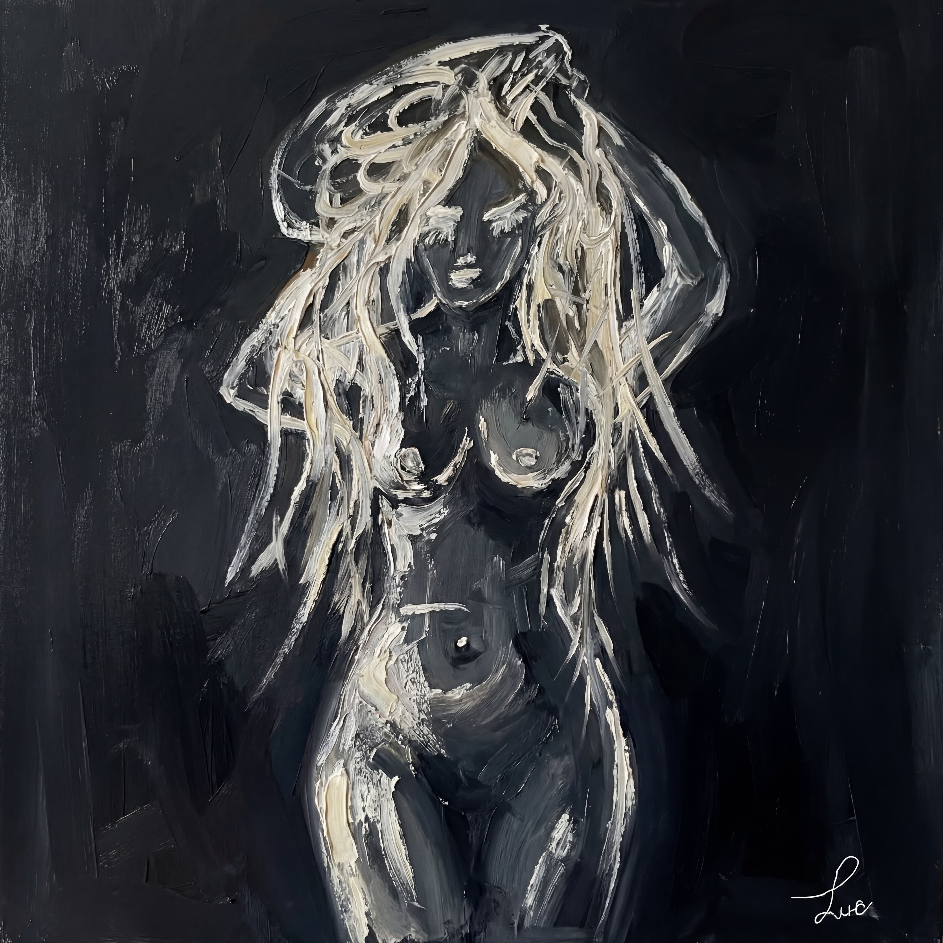 Monochromatic impasto painting of a nude woman with long flowing hair on black background.