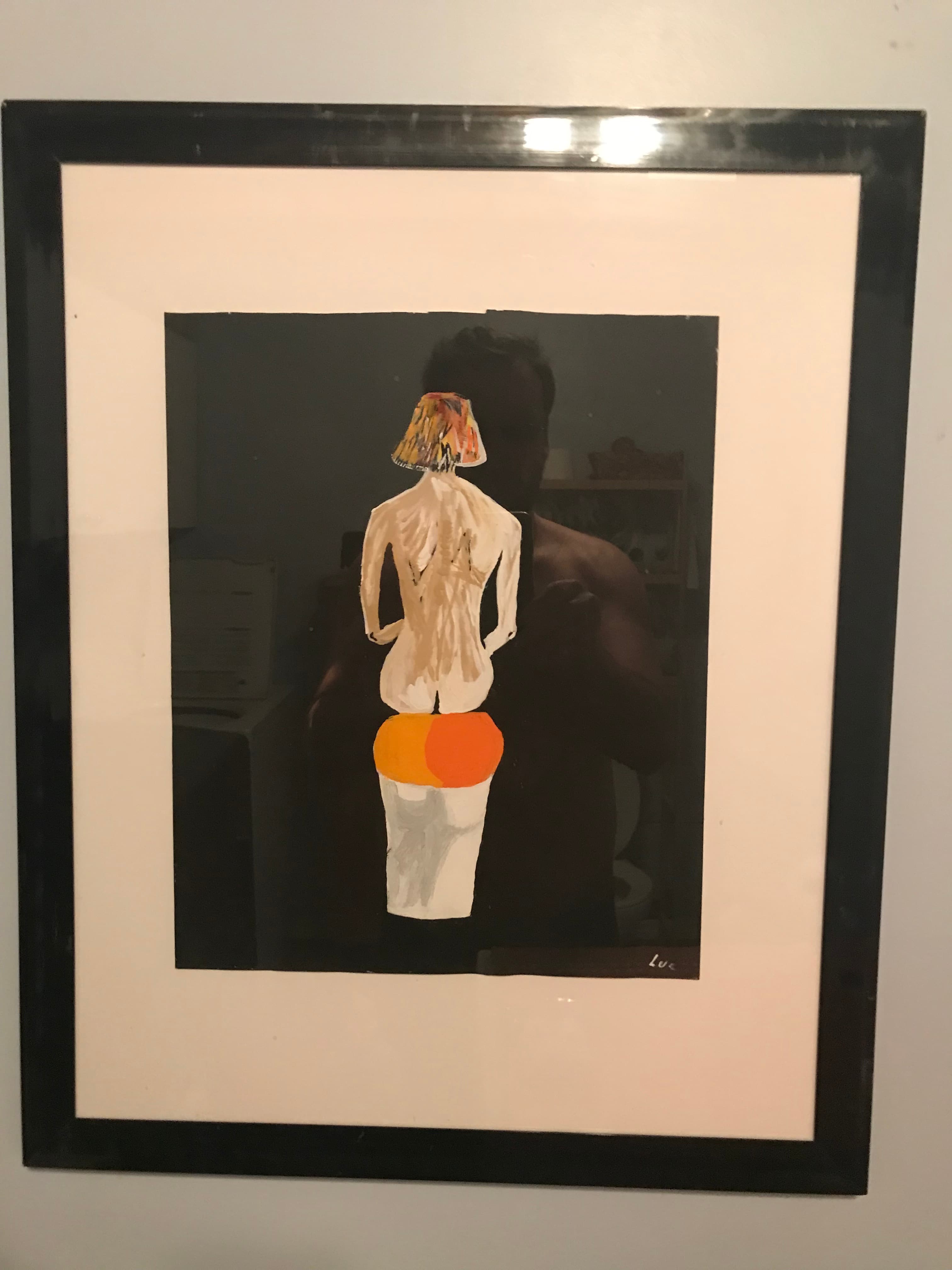 Framed abstract painting of a figure with a lampshade head and skeletal back on black.