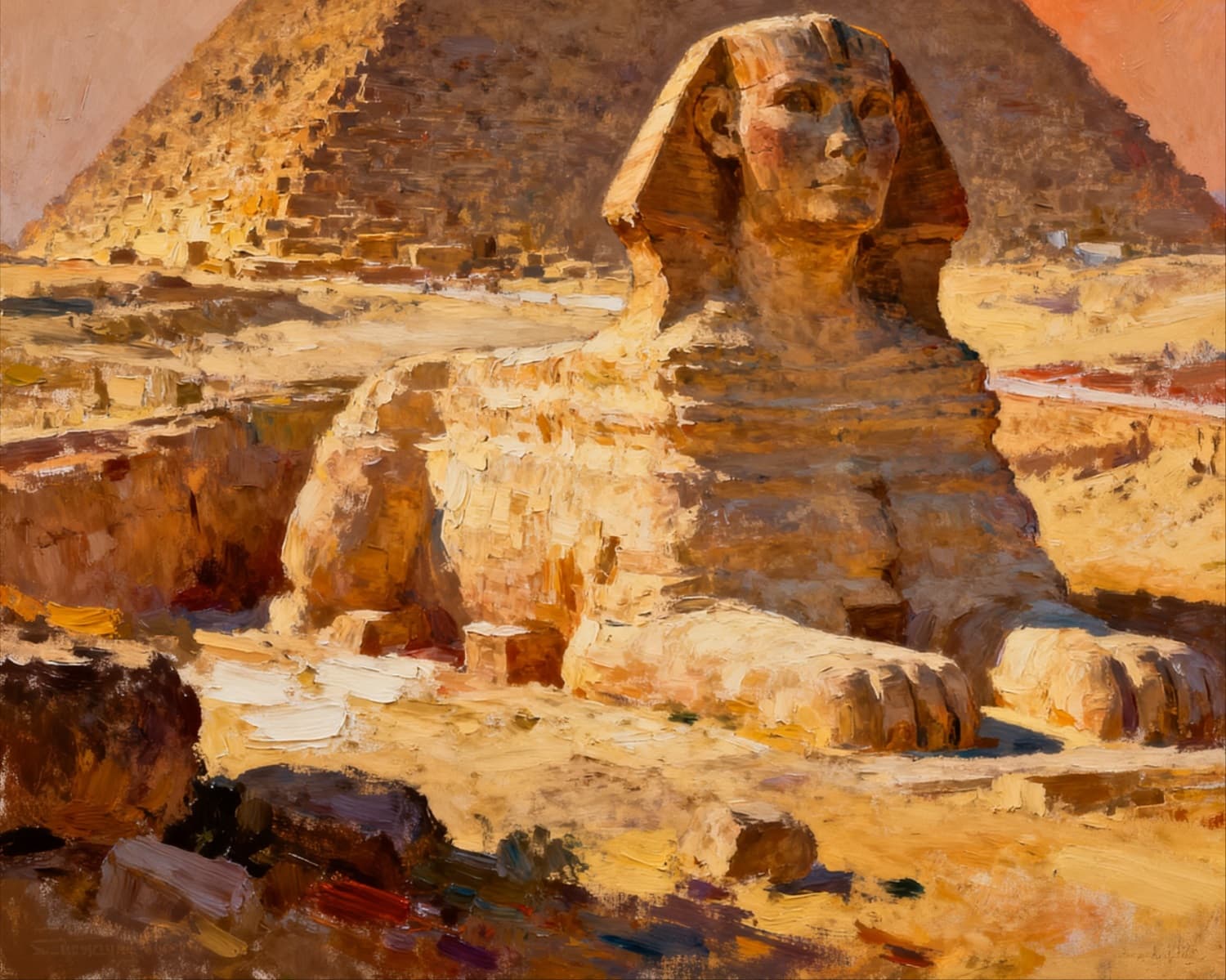 Impressionist oil painting of the Great Sphinx and a pyramid under warm, golden desert light.